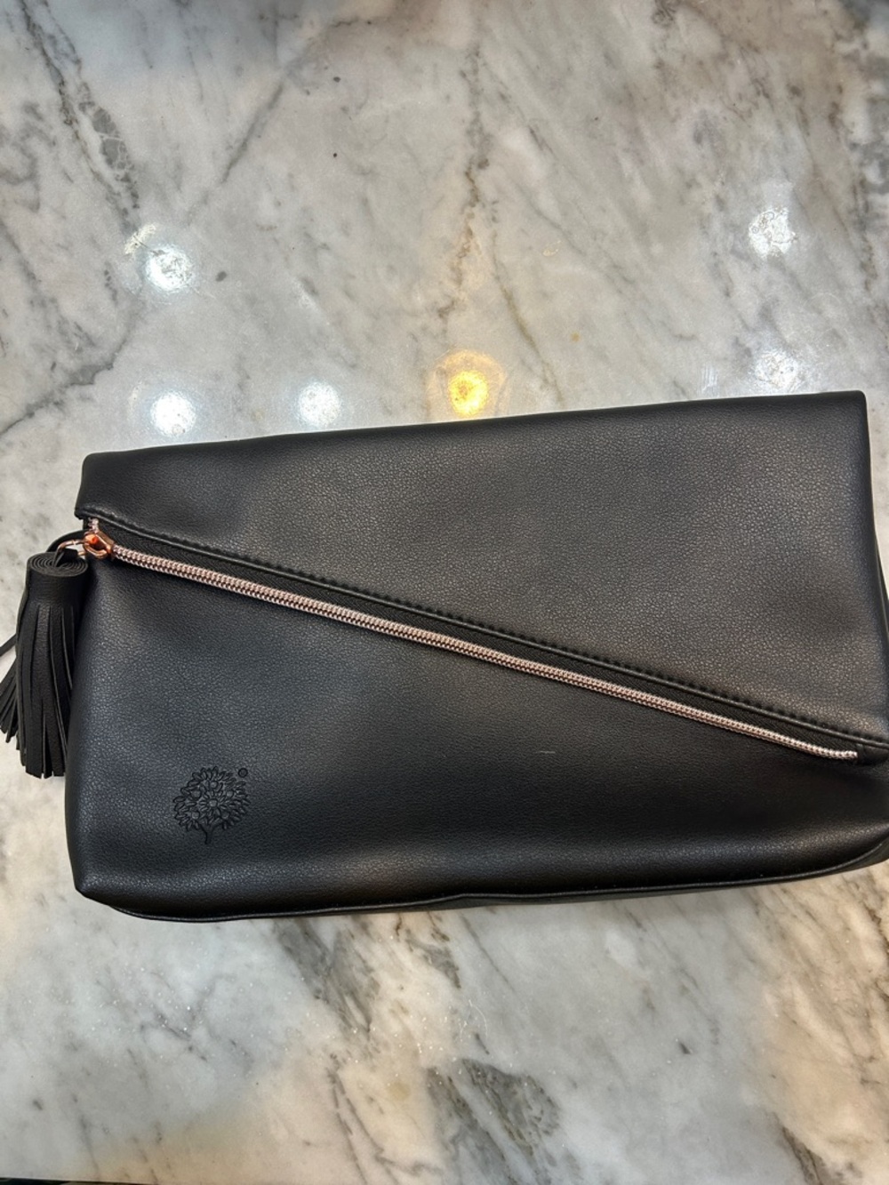 Crabtree & Evelyn Black Leather Clutch with Rose Gold Zip Detail